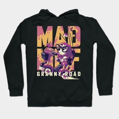 Black hoodie featuring "Granny Road" graphic design with bold colors, perfect for casual wear or street style.