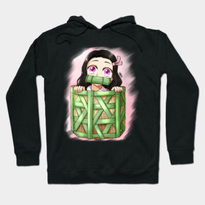 Black anime-themed hoodie featuring cartoon character in bamboo box design. Cozy and stylish for casual wear.