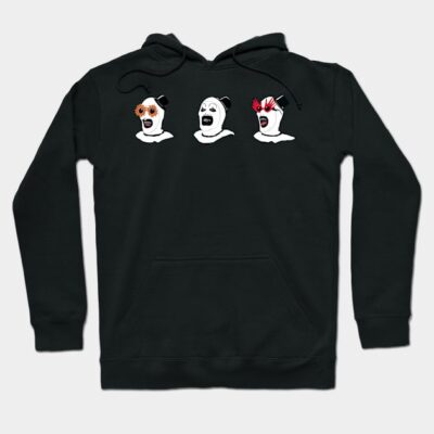 Black hoodie with unique graphic design featuring three abstract faces; casual wear, cotton blend, unisex style.