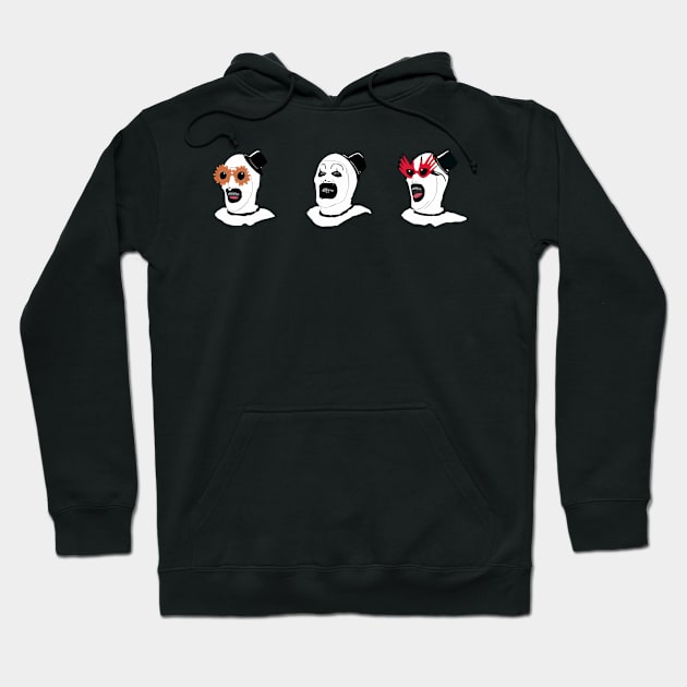Black hoodie with unique graphic design featuring three abstract faces; casual wear, cotton blend, unisex style.
