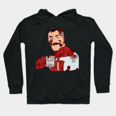 Black graphic hoodie with bold comic-style design, featuring a character holding a mug. Casual wear, cotton blend.