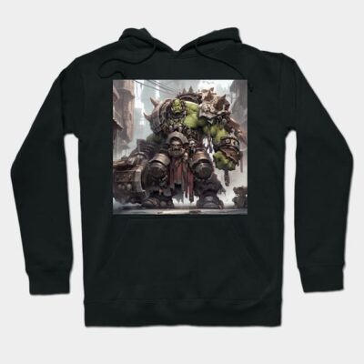 Black hoodie with fantasy warrior graphic print, streetwear style, casual wear, cotton blend material.