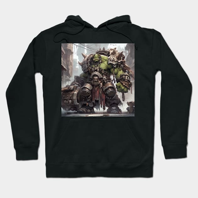 Black hoodie with fantasy warrior graphic print, streetwear style, casual wear, cotton blend material.