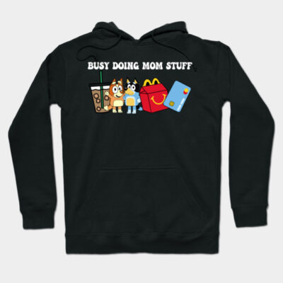 Black hoodie with "Busy Doing Mom Stuff" text and cute graphics, perfect for casual wear. Cotton material.