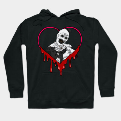 Black hoodie with horror clown graphic inside a bleeding heart design, perfect for Halloween or casual wear.