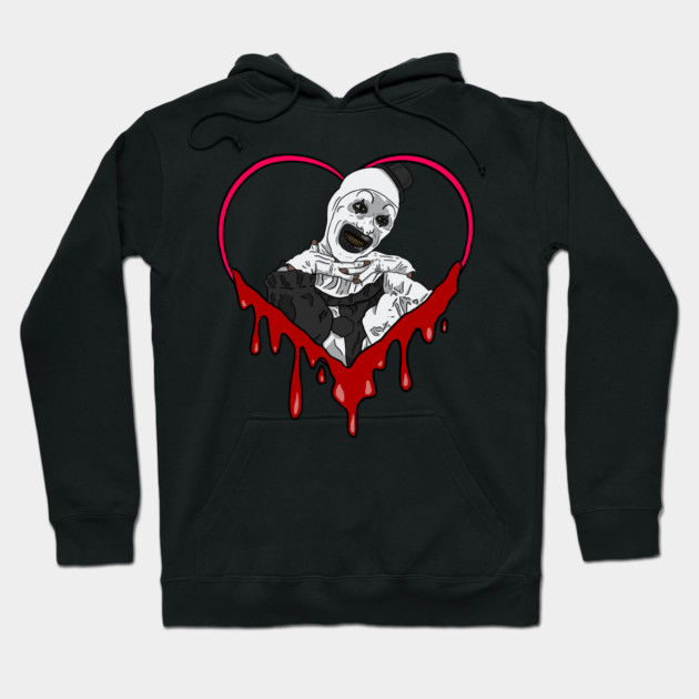 Black hoodie with horror clown graphic inside a bleeding heart design, perfect for Halloween or casual wear.