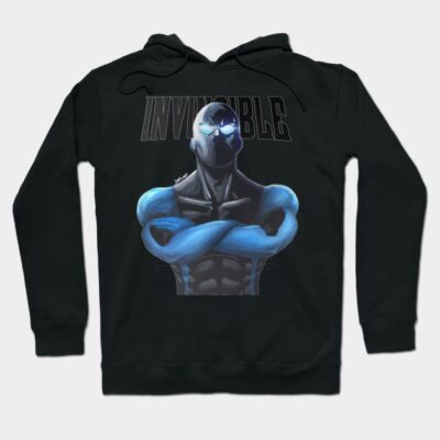 Black hoodie with bold graphic design, featuring blue and black superhero figure. Comfortable casual wear.