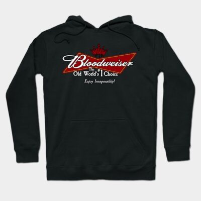 Black hoodie with "Bloodweiser" graphic design, featuring red and white text. Comfortable casual wear.