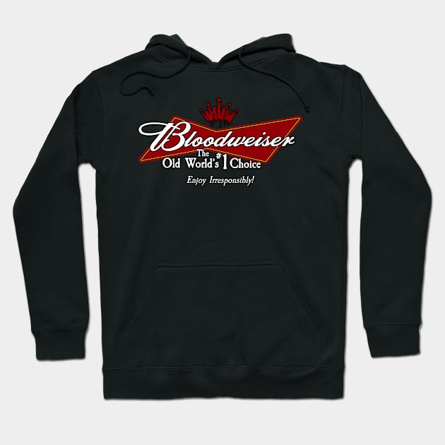 Black hoodie with "Bloodweiser" graphic design, featuring red and white text. Comfortable casual wear.