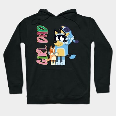 Black hoodie with colorful "Girl Dad" text and cartoon characters, perfect for casual wear. Soft, comfortable material.