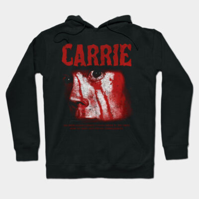 Black "Carrie" movie graphic hoodie, red text, unisex casual wear, cotton blend, perfect for horror film fans.