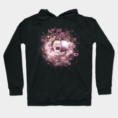 Black hoodie with colorful cartoon design, featuring pink hearts and sparkles. Casual wear, cotton blend material.