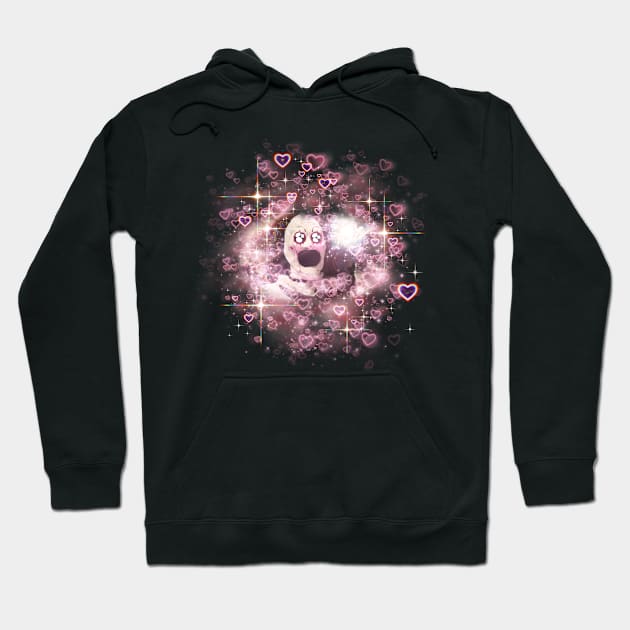 Black hoodie with colorful cartoon design, featuring pink hearts and sparkles. Casual wear, cotton blend material.
