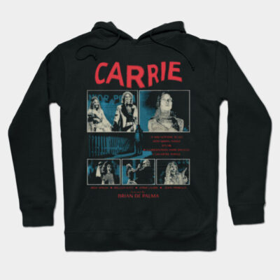 Black hoodie with retro horror movie poster design, featuring bold red text and vintage film scenes.