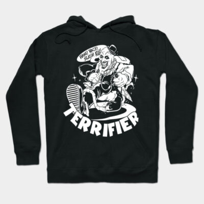 Black graphic hoodie with bold "Terrifier" print, featuring horror-themed design. Comfortable cotton blend material.