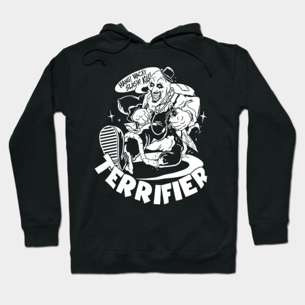 Black graphic hoodie with bold "Terrifier" print, featuring horror-themed design. Comfortable cotton blend material.