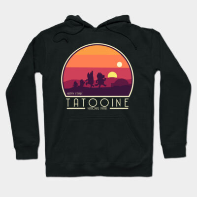 Black hoodie with Tatooine graphic, sunset colors, casual style, soft cotton material, perfect for everyday wear.