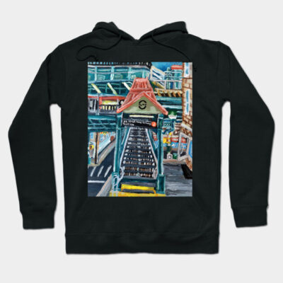 Black hoodie featuring a colorful urban painting print, cotton blend, casual streetwear style.