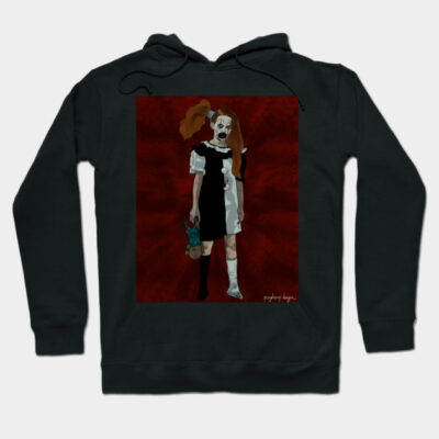 Black hoodie featuring a spooky doll design, perfect for Halloween or cosplay, made from soft, durable material.