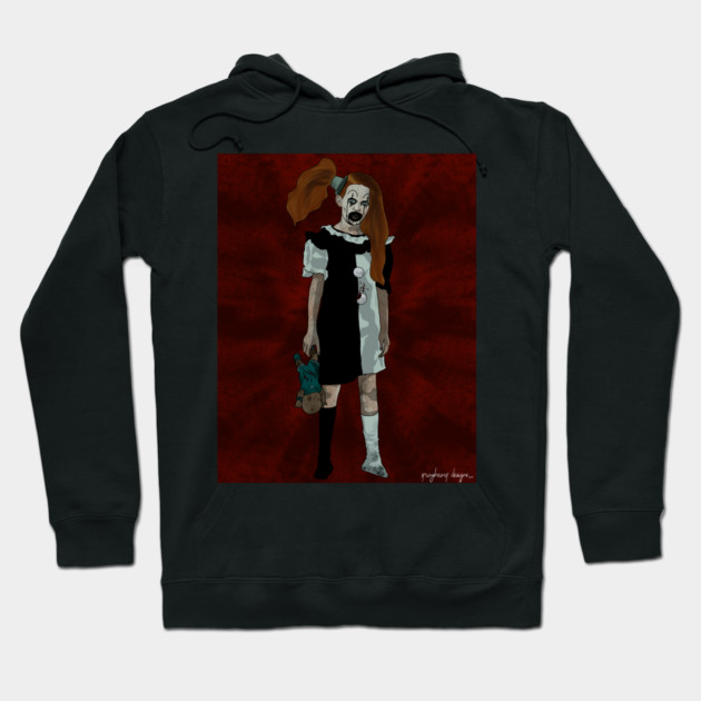 Black hoodie featuring a spooky doll design, perfect for Halloween or cosplay, made from soft, durable material.