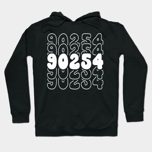 Black hoodie with white "90254" graphic design, casual style, cotton material, ideal for everyday wear.
