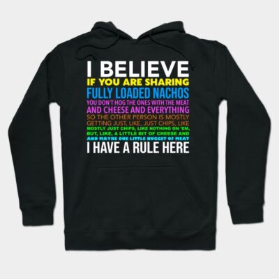 Black hoodie with colorful text design about sharing nachos, casual style, soft cotton material, unisex fit.
