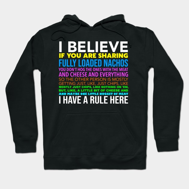 Black hoodie with colorful text design about sharing nachos, casual style, soft cotton material, unisex fit.