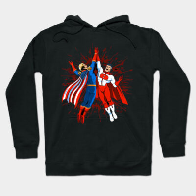 Black hoodie with colorful superhero graphic, featuring red and blue costumes, perfect for casual wear or comic fans.