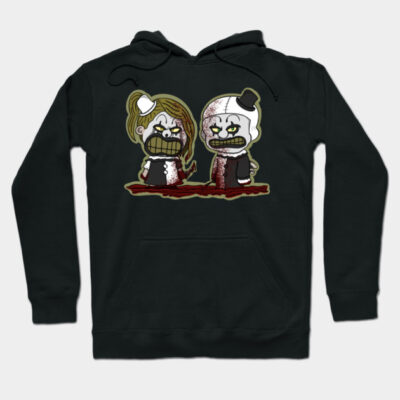 Black hoodie with spooky cartoon character design, long sleeves, perfect for casual wear and Halloween style.