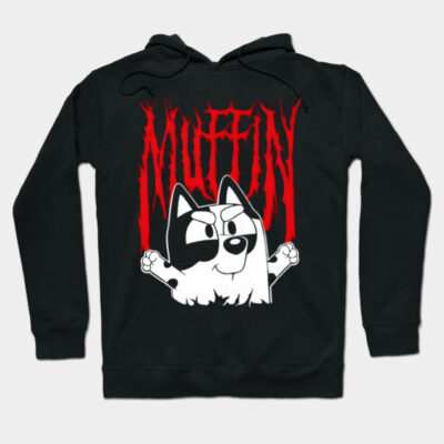 Black hoodie with cartoon dog and red "Muffin" text, casual style, cozy material, perfect for pet lovers.
