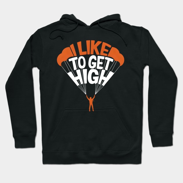 Black hoodie with parachute graphic and "I Like to Get High" text, casual style, cotton material.