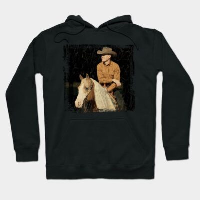 Black hoodie with vintage cowboy and horse design, ideal for casual wear, made from soft cotton blend material.