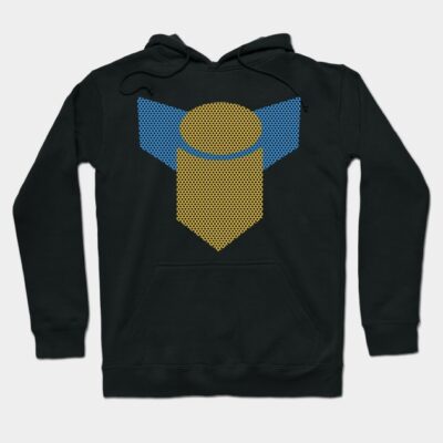 Black hoodie with blue and yellow geometric design, casual style, cotton material, perfect for everyday wear.