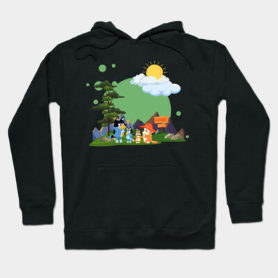 Black hoodie with colorful cartoon camping scene, featuring mountains and sun, ideal for casual wear and outdoor activities.