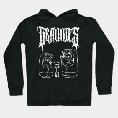 Black graphic hoodie with unique white cartoon design, cozy cotton material, perfect for casual wear.