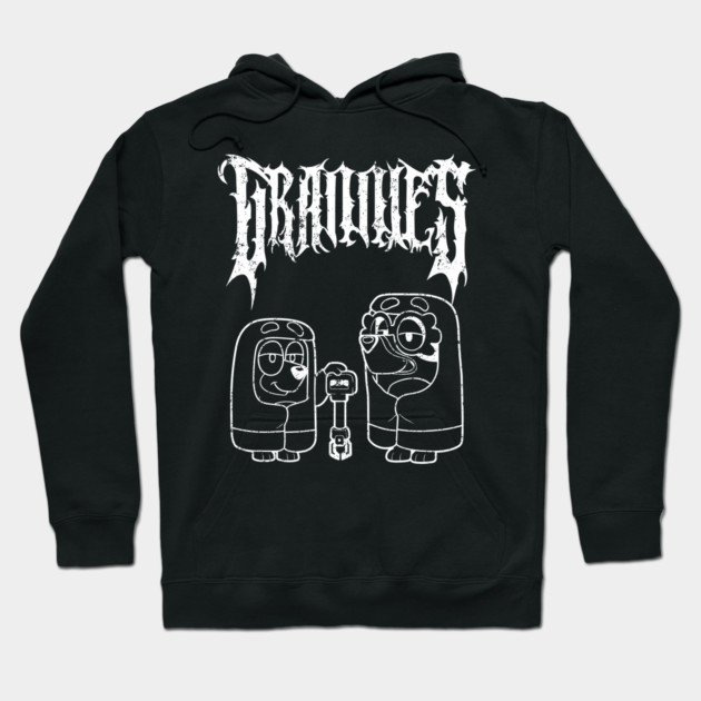 Black graphic hoodie with unique white cartoon design, cozy cotton material, perfect for casual wear.