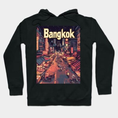 Black hoodie with vibrant Bangkok street scene graphic, featuring urban nightscape design. Ideal for casual wear.