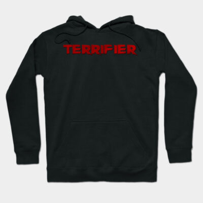 Black "Terrifier" hoodie with red text, featuring a front pocket and drawstring hood, perfect for casual wear.