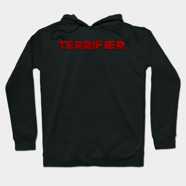 Black "Terrifier" hoodie with red text, featuring a front pocket and drawstring hood, perfect for casual wear.
