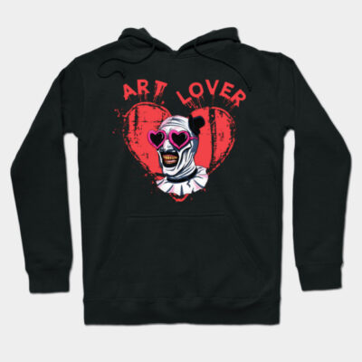 Black hoodie with heart and mask design, "Art Lover" text, casual wear, cotton material, graphic style.