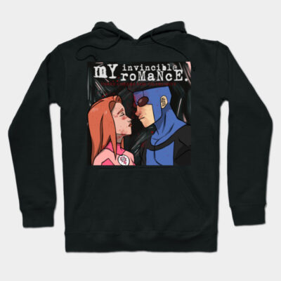 Black graphic hoodie featuring a comic-style couple design, perfect for casual wear or gifting to comic enthusiasts.