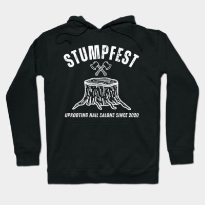 Black graphic hoodie with "Stumpfest" design, featuring tree stump and axes, made from cotton. Perfect for casual wear.