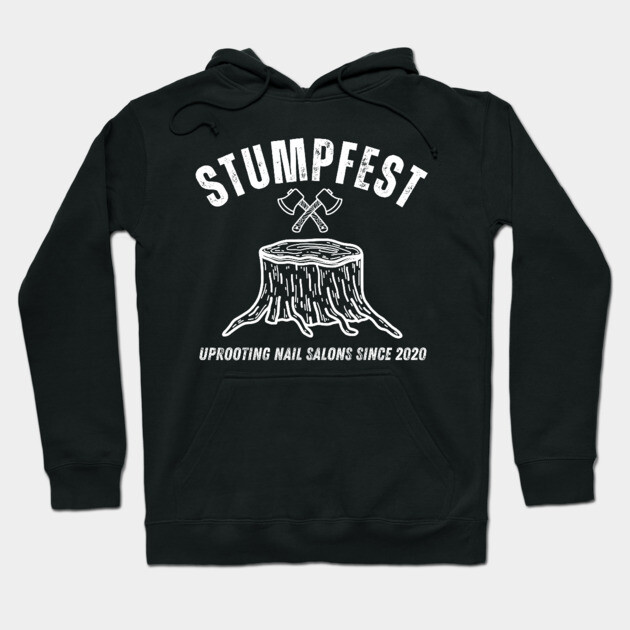 Black graphic hoodie with "Stumpfest" design, featuring tree stump and axes, made from cotton. Perfect for casual wear.