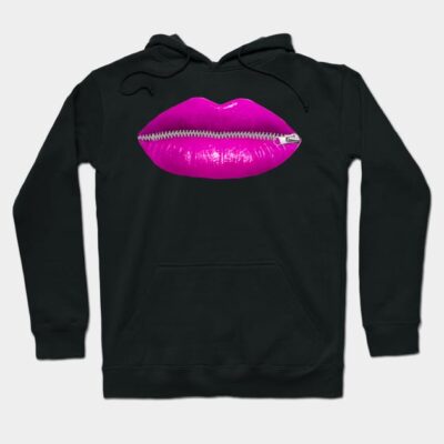 Black hoodie with bold pink lips and zipper graphic, stylish streetwear clothing for casual use.