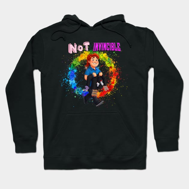 Black hoodie with colorful graphic and "Not Invincible" text, casual style, perfect for everyday wear.