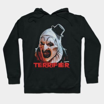 Black hoodie featuring a scary clown design with red "Terrifier" text, perfect for horror fans and casual wear.