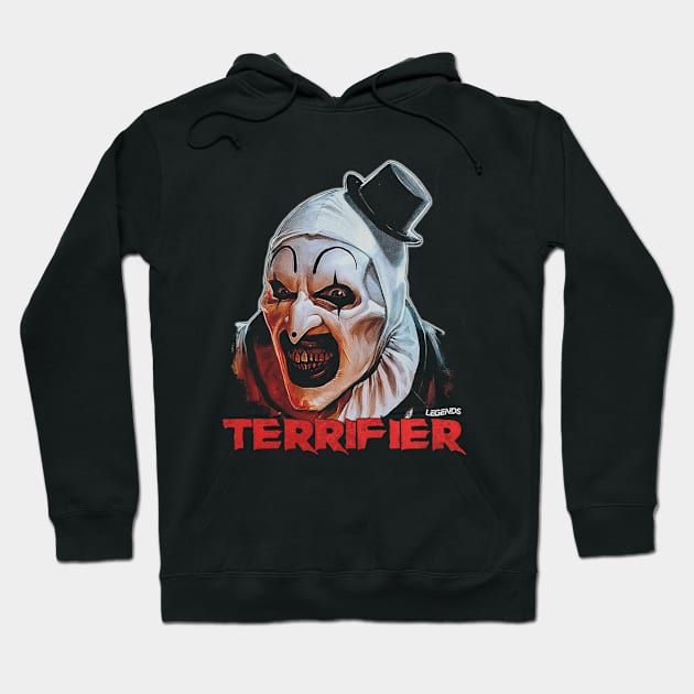 Black hoodie featuring a scary clown design with red "Terrifier" text, perfect for horror fans and casual wear.