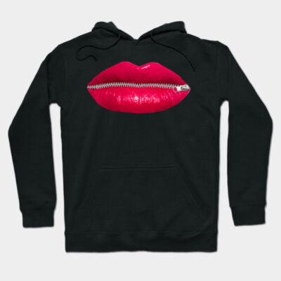 Black hoodie with pink lips zipper graphic, casual streetwear style, cotton blend, unisex design, comfortable fit.