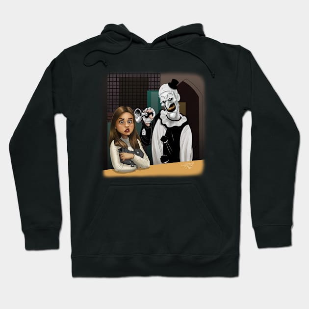 Black hoodie with spooky cartoon design, featuring a clown and a surprised character, perfect for Halloween or casual wear.