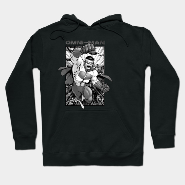 Black graphic hoodie featuring a dynamic superhero design, perfect for casual wear, made from soft cotton blend.